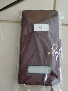 Universal S10 Wallet Phone Case in Burgundy with Wrist Strap